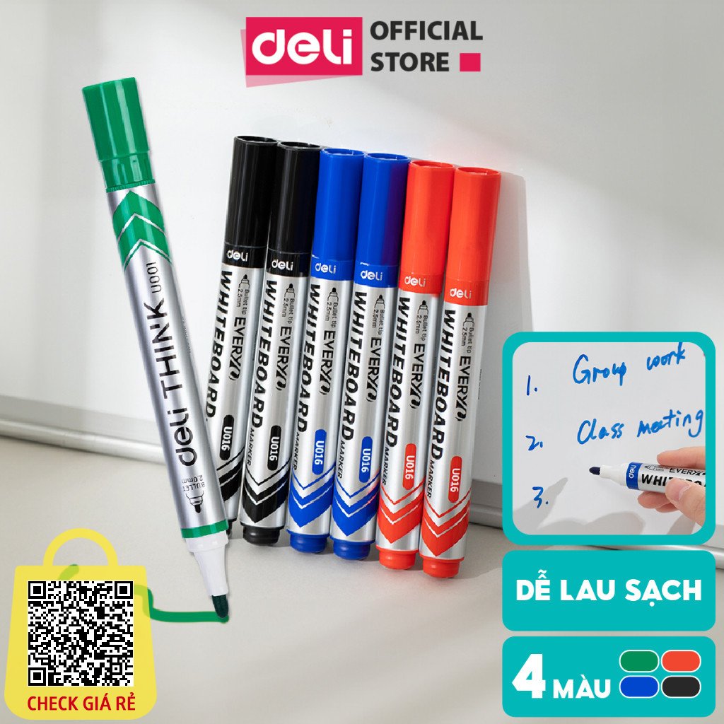 Bút Lông Viết Bảng Trắng Nhiều Màu Chính Hãng Deli - Ngòi 2-2.5mm - Nét Mượt - Dễ Lau - Có Mực Thay Thế