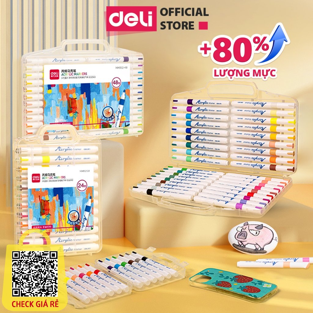 Bút Sơn Màu Acrylic Marker Deli THÊM 80% MỰC 12/24/36/48/64 Màu Tô Trên Mọi Chất Liệu