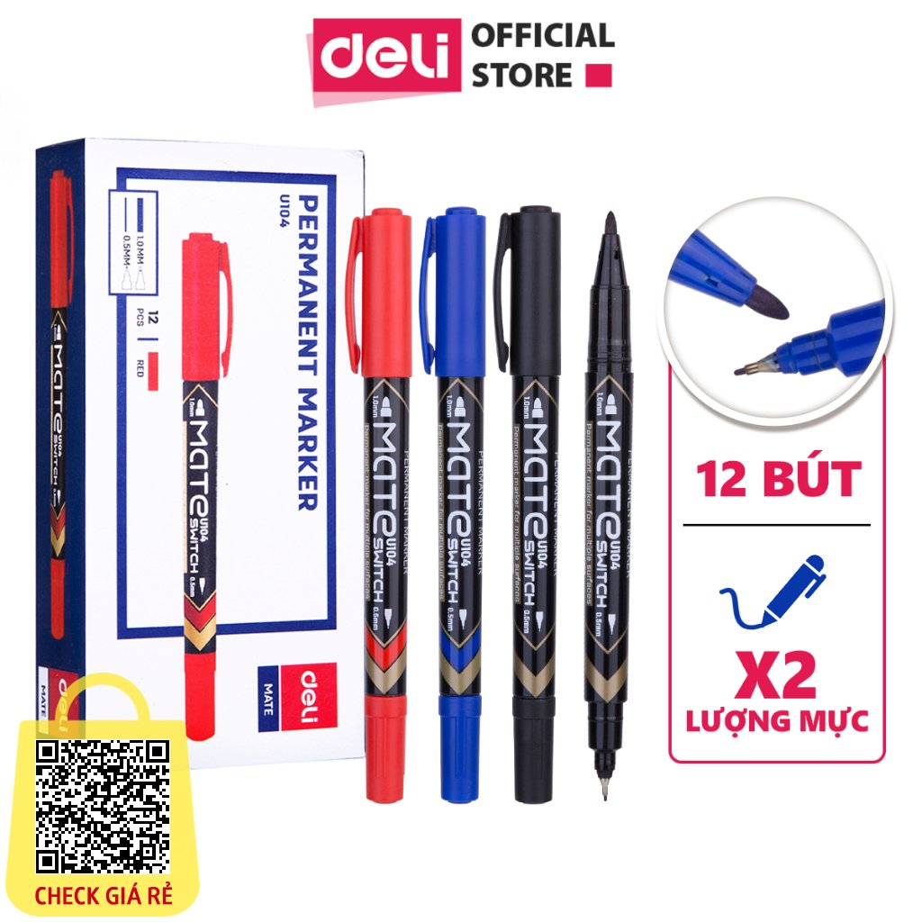 Combo 10 Bút Dạ Dầu 2 Đầu Chính Hãng Deli - Mực Không Trôi - Viết Trên Nhiều Bề Mặt - 3 Màu Xanh Đen Đỏ